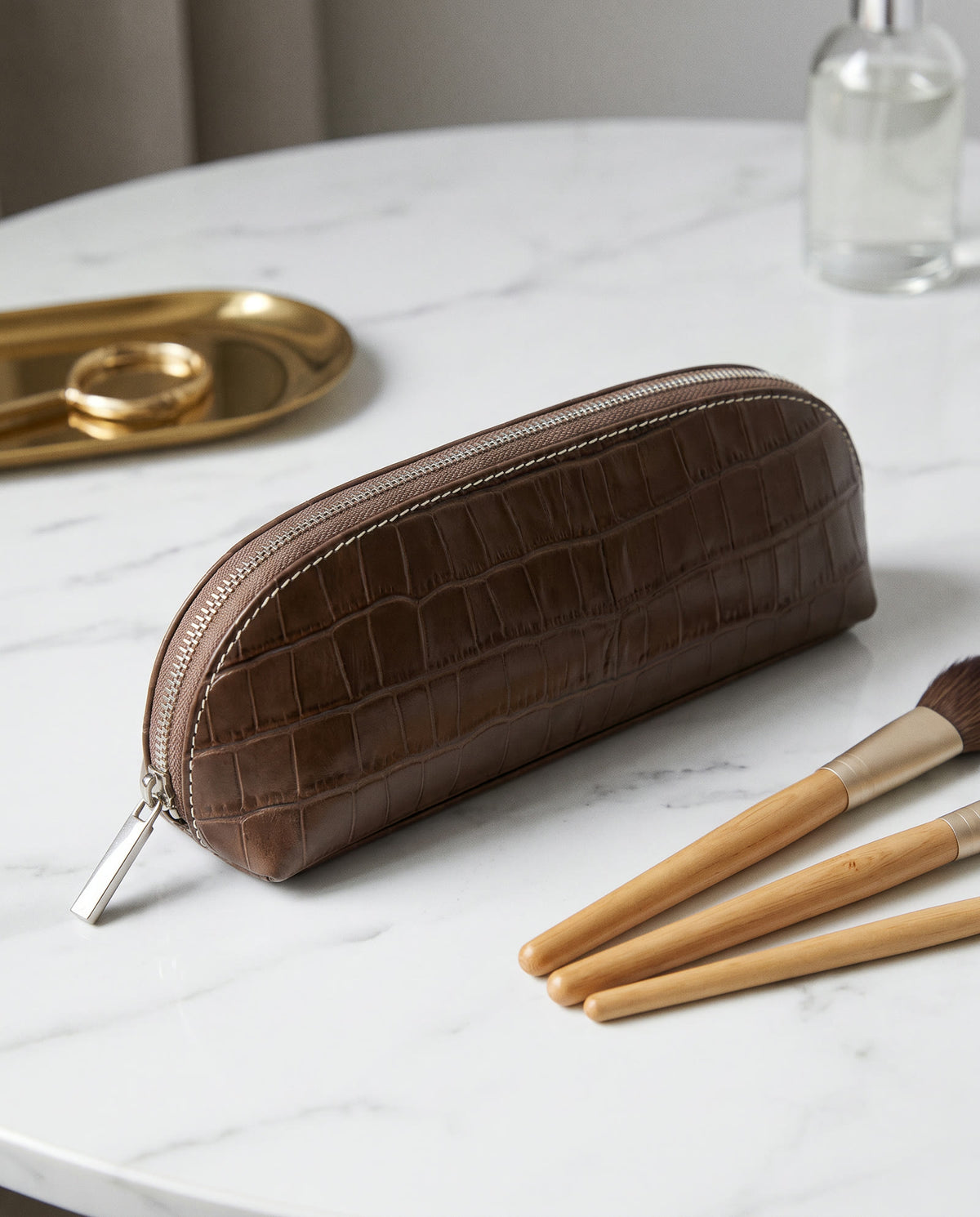 The Amira Brush Case — Mocha — on the dressing table [v2]