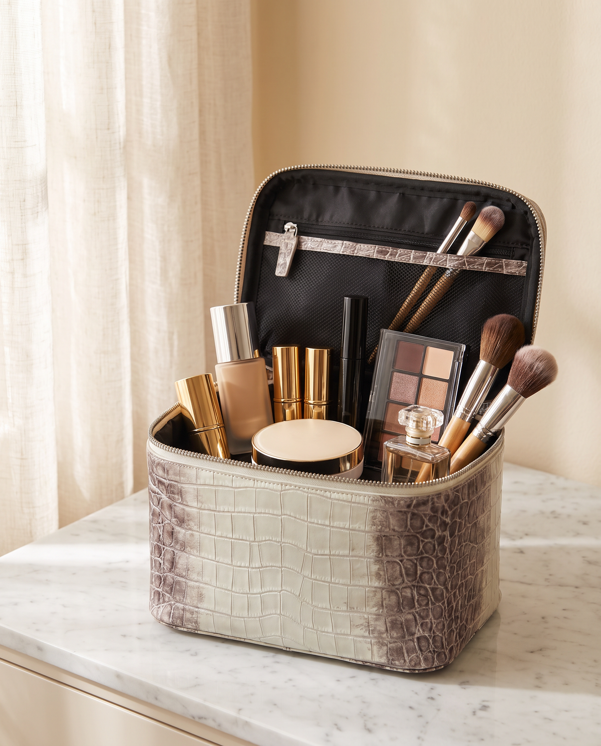 The Amira Vanity — Himalaya, open with makeup inside · Elirati